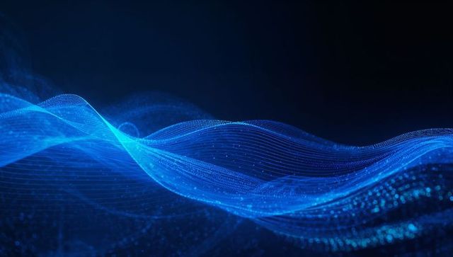 Flowing blue digital wave mesh with glowing particles and futuristic data stream