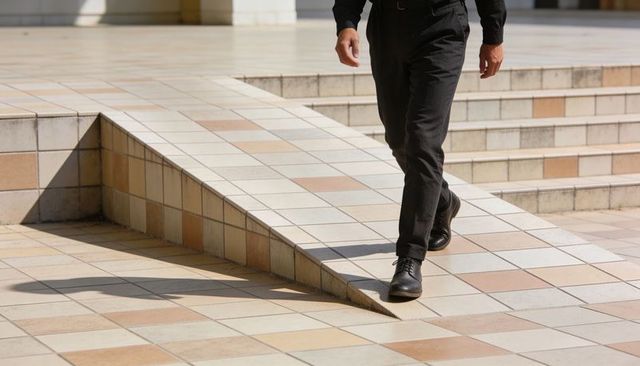 Man walking down tiled ramp beside steps in sunlit urban plaza wearing black shoes