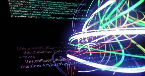 Glowing neon data ribbons looping and intersecting over dark code canvas