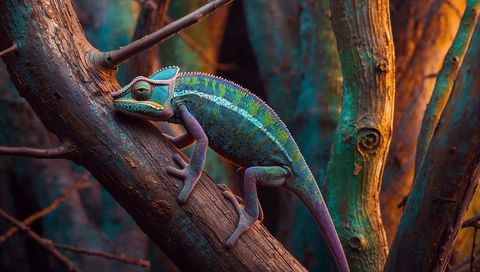 Vibrant Teal Chameleon Climbing Weathered Branches Close-up in Forest Canopy