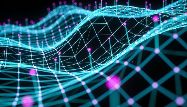 Undulating cyan wireframe mesh with glowing magenta nodes and neon grid visualization