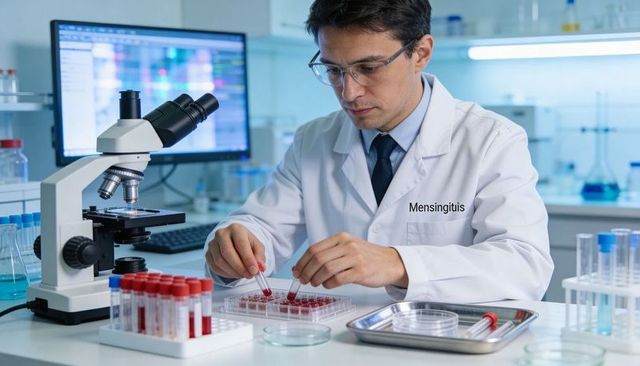 Laboratory researcher pipetting blood into 96-well microplate beside microscope for clinical researc