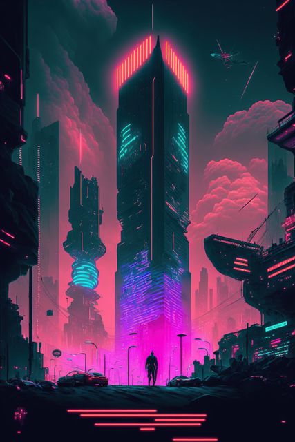 Neon-lit futuristic cityscape featuring towering skyscrapers and a captivating blend of vibrant colors, giving it a cyberpunk feel. The silhouette of a person walking adds a dynamic element to the lively, modern environment. Perfect for use in sci-fi themed projects, technology publications, or as concept art for futuristic urban settings.