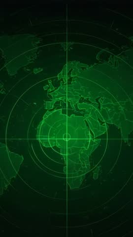Vertical Radar Interface Scanning World Map with Crosshairs and Geospatial Rings
