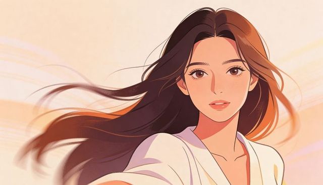 Windblown brunette woman portrait, soft pastel vector style for beauty and fashion