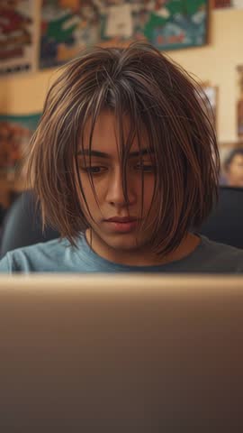 Teen studying on laptop at home focusing on screen in cozy workspace vertical study video