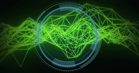 Neon green mesh scanning with circular hud for data protection and cybersecurity