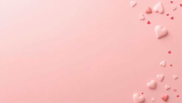 Placing glossy pink and red hearts in vertical cluster on pastel pink background
