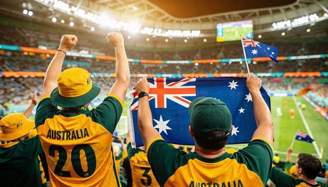 Cheering australian soccer fans waving flag and raising fists in vibrant stadium crowd