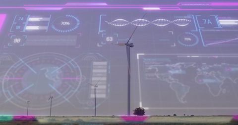 Wind turbine array with futuristic hud overlay showing renewable energy telemetry