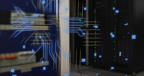 Digital Circuit Board Overlay on Server Room Interior