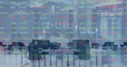 Animated Stock Market Data Overlays Empty Office Background
