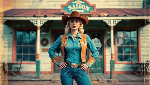 Confident cowgirl standing by rustic saloon building