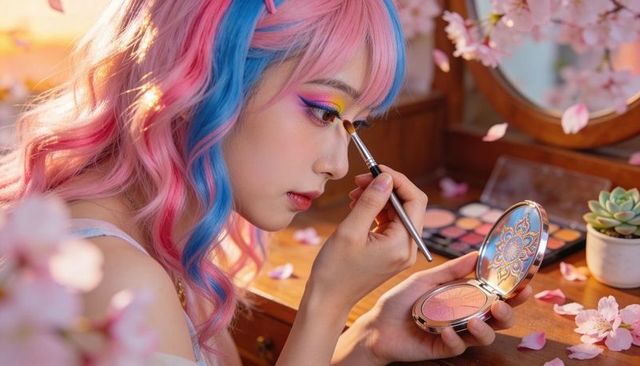 Young woman with pastel pink and blue hair applying vibrant rainbow eyeshadow at blossom vanity