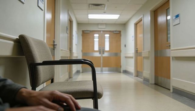 Sitting empty waiting chair facing quiet hospital corridor with double exit doors