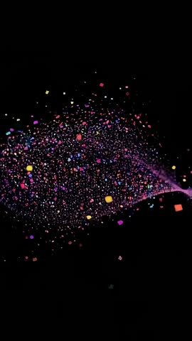 Vertical video: multicolored particles fanning and streaming across dark void, futuristic data flow