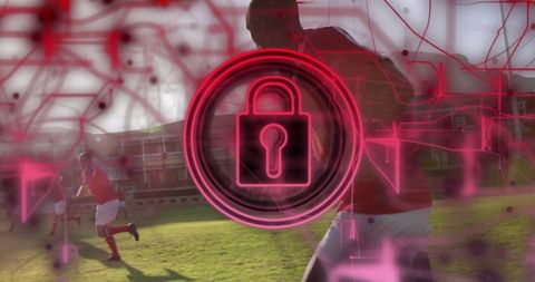 Futuristic Cybersecurity Icon on Soccer Field with Players