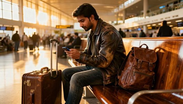 Solo traveler checking phone at airport gate during golden hour with leather backpack