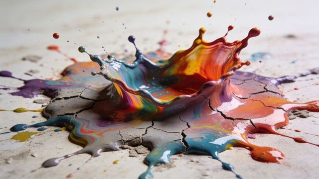 Vibrant multicolor paint splash crown on cracked surface with glossy droplets, marbled liquid art