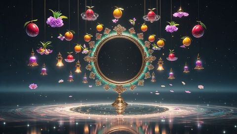 Ornate circular frame dangling fruits and objects in starry void, vishu festival