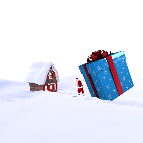 Transparent Santa Delivering Giant Christmas Gift Through Snow