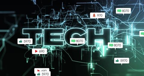 Neon TECH lettering with cyber network circuits and floating social notification badges