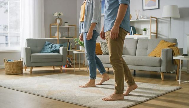 Couple walking barefoot across living room showing geometric rug and cozy interior