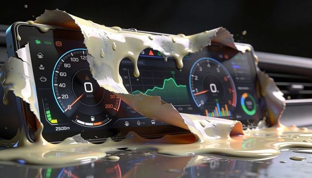 Melting car dashboard display with peeled protective film dripping glossy pale-yellow liquid