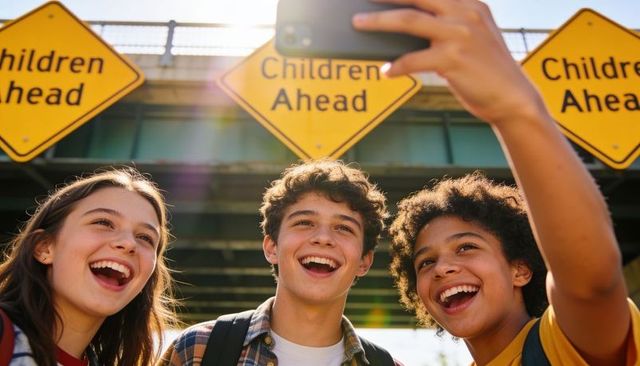 Smiling teens taking selfie under overpass with children ahead signs and backpacks