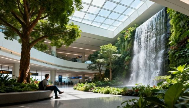 Traveler sitting by grand indoor waterfall in modern airport atrium with lush green oasis