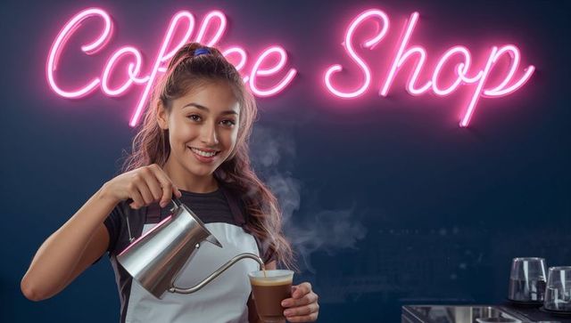 Smiling barista pouring latte with gooseneck pitcher under neon coffee shop sign
