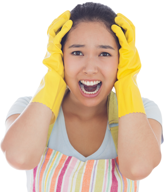 Distressed Young Woman in Apron and Rubber Gloves Screaming Transparent Background - Download Free Stock Videos Pikwizard.com