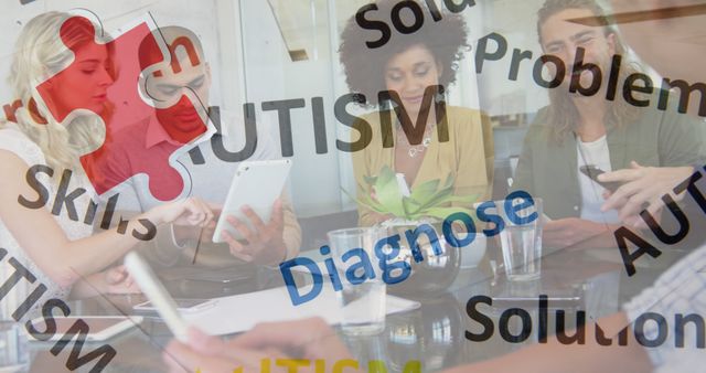 Image of colourful puzzle pieces and autism text over work colleagues using tablets. autism, learning difficulties, support and awareness concept digitally generated image.
