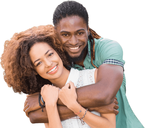 Depicts couple joyfully embracing and smiling. Perfect for advertising love, relationships, and happiness in blog posts, social media, or marketing materials needing diversity and warmth with a transparent background for versatile use.