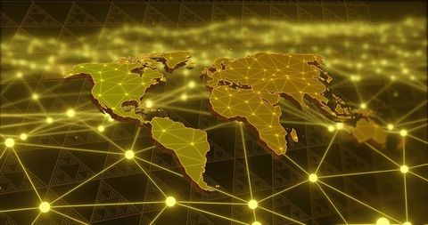Golden Global Network Map with Triangular Mesh, Glowing Nodes and Data Links