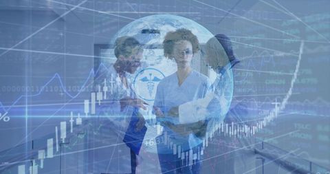 Healthcare Team Collaborating on Global Data Metrics with Digital Charts Overlay