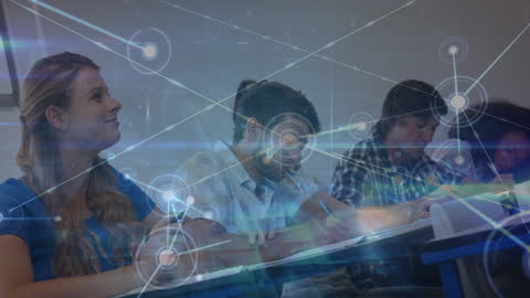 Students Engaged in Classroom with Digital Network Overlay