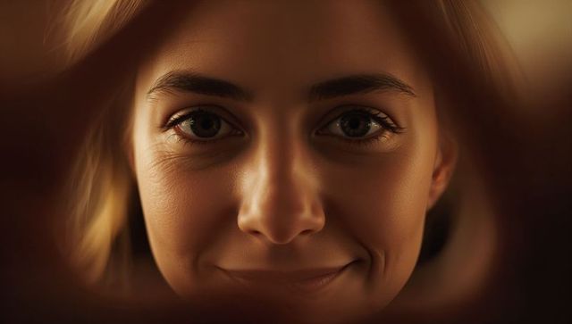 Smiling woman framed by blurred hands, warm studio glow, intimate closeup portrait