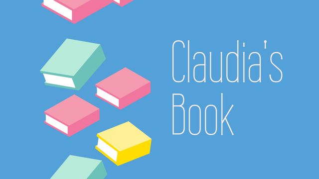 Bright and colorful illustrated books floating on a blue background with personalized text on the side 'Claudia's Book'. Could be used for educational purposes, promoting reading programs, book club activities, classroom decorations, or personalized book cover designs. Ideal for adding a playful and vibrant touch to a wide range of reading or educational materials.