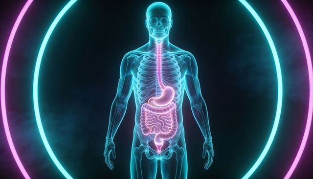 Glowing translucent human skeleton highlighting digestive tract with neon rings