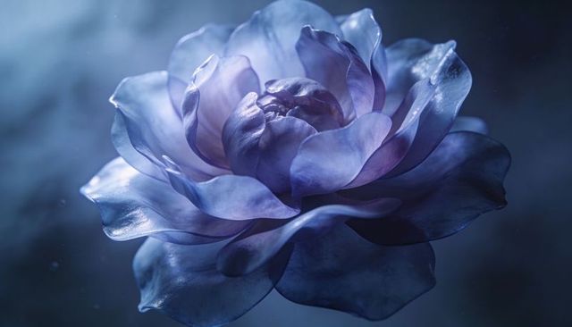 Satin blue-violet bloom closeup with dewy petals, soft bokeh and dreamy botanical elegance
