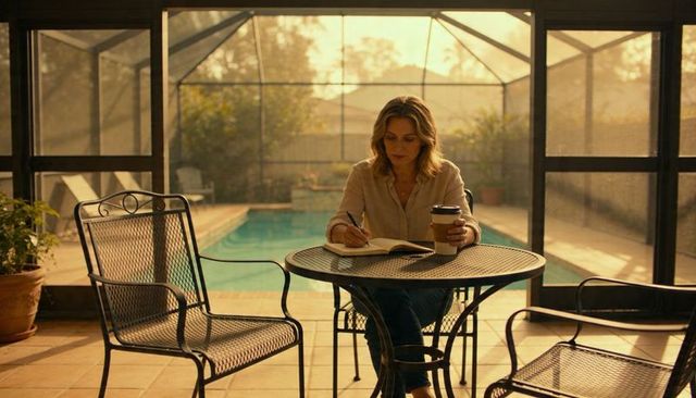 Morning journaling by pool: woman writing with coffee at screened patio metal table
