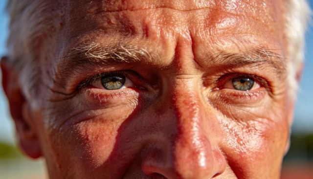Gazing senior man closeup showing weathered skin, sunlit eyes and intense focus