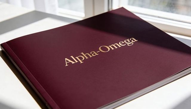 Maroon hardcover portfolio with gold alpha-omega foil title and sunlit shadow