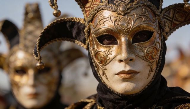 Ornate gold black venetian jester mask close-up, mysterious masquerade performer portrait