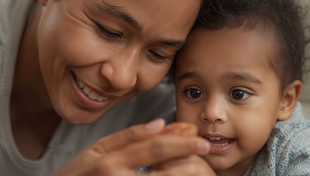 Smiling mother holding cookie near toddler face closeup showing warm family bond and affection