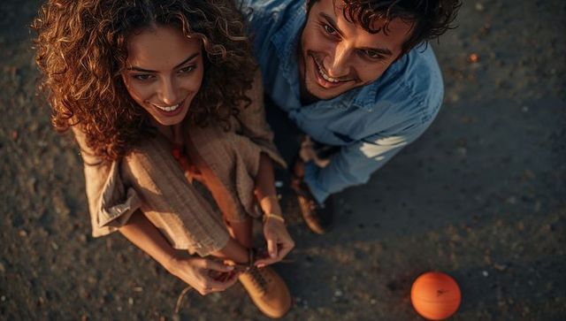 Couple tying boots on pebbled path during golden hour with orange ball