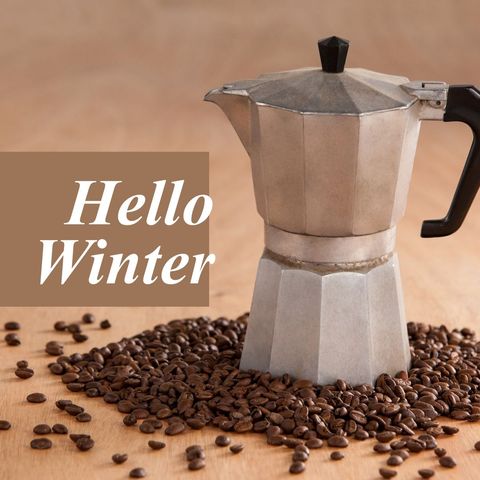 hello winter text with coffee maker and beans - Download Free Stock Templates Pikwizard.com