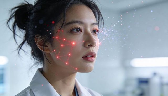 Female scientist undergoing ar facial mapping with biometric red-node mesh in clinical lab