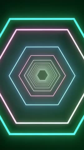 Forming Neon Hexagon Tunnel Vertical Loop, Shifting Color and Perspective, Futuristic Motion